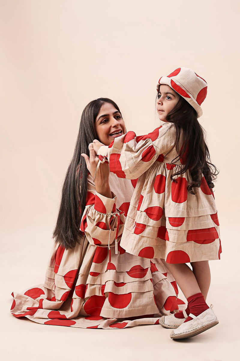 Red Hand Block Printed Polka Avira Dress cotton by Mati in red color for women Worldwide