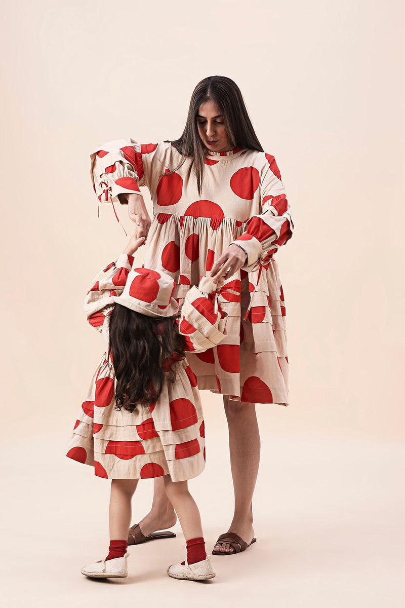 Red Hand Block Printed Polka Avira Dress cotton by Mati in red color for women Worldwide
