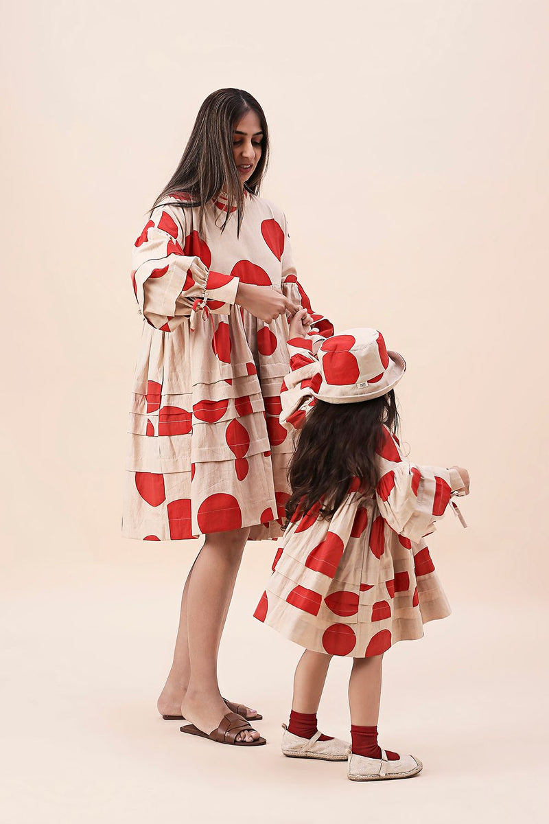 Red Hand Block Printed Polka Avira Dress cotton by Mati in red color for women Worldwide