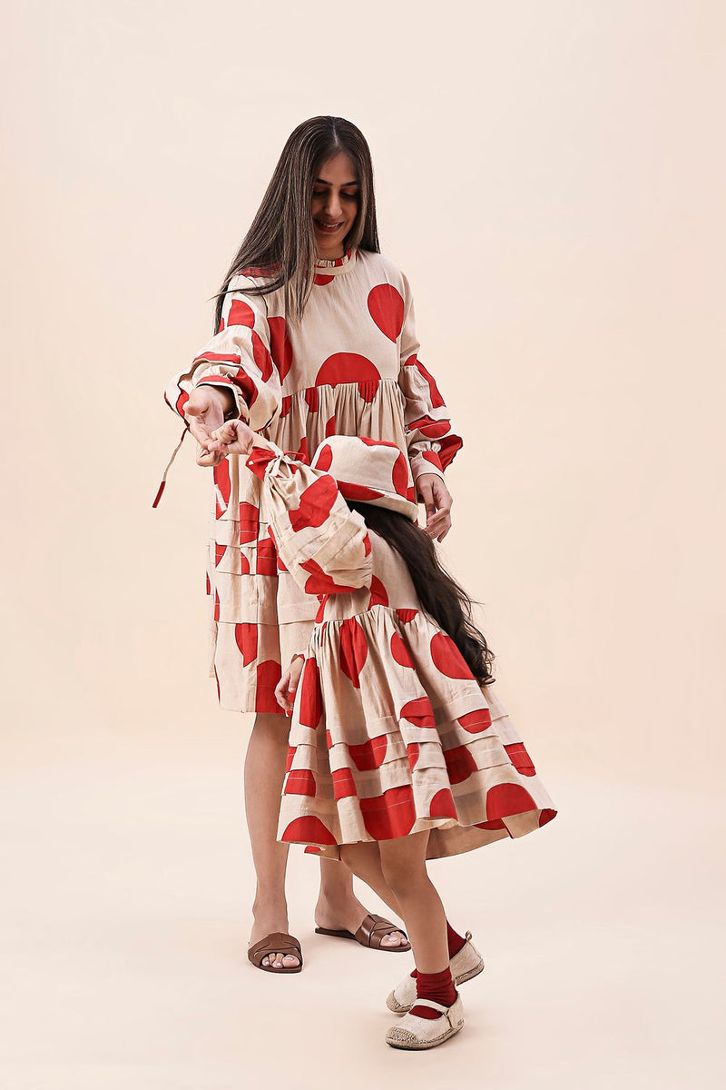 Red Hand Block Printed Polka Avira Dress cotton by Mati in red color for women Worldwide