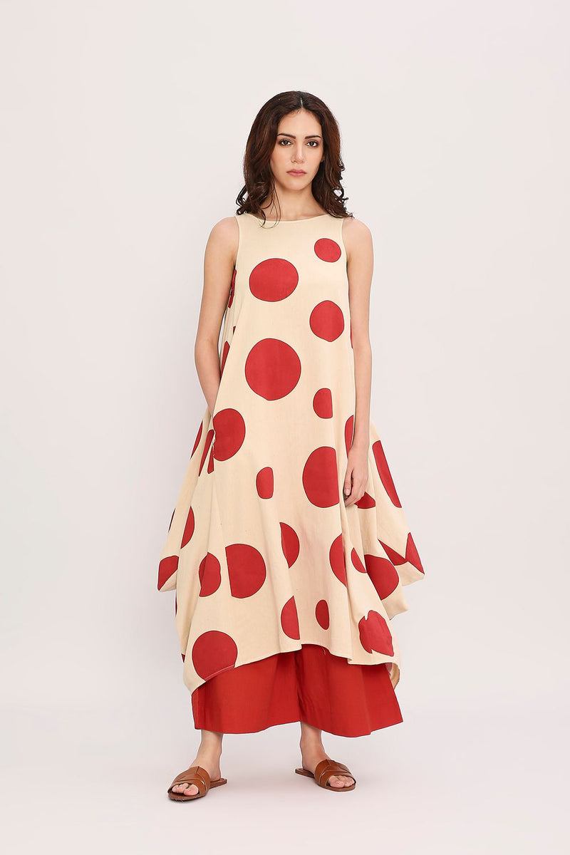 Red Hand Block Printed Polka Vari Co-ord Set (2 PCS) cotton by Mati in red color for women Worldwide