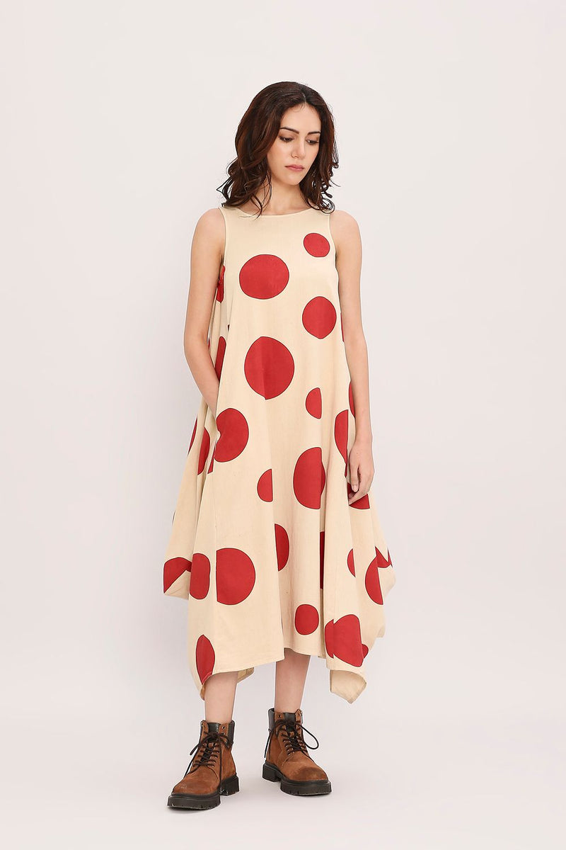 Red Hand Block Printed Polka Vari Dress cotton by Mati in red color for women Worldwide