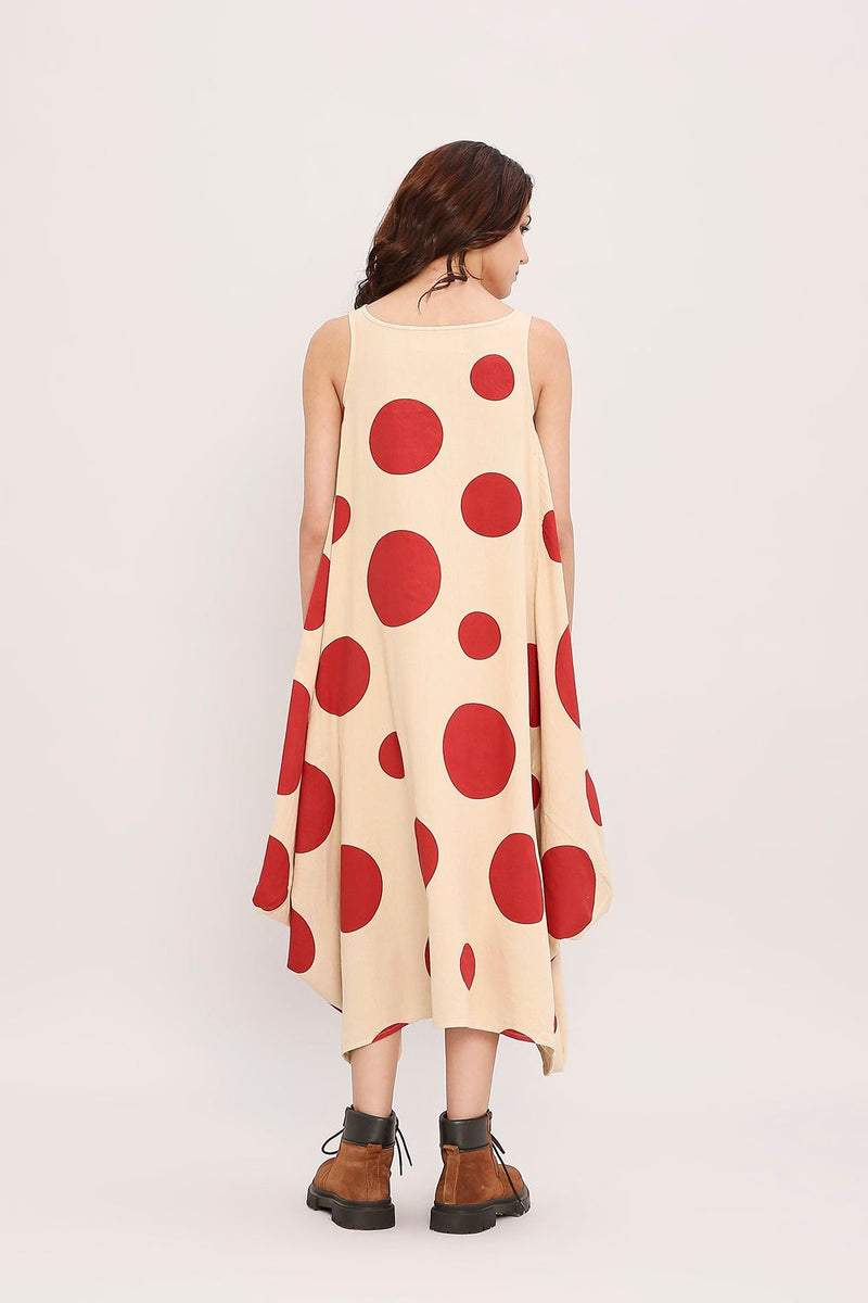 Red Hand Block Printed Polka Vari Dress cotton by Mati in red color for women Worldwide