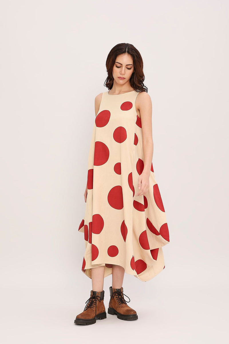 Red Hand Block Printed Polka Vari Dress cotton by Mati in red color for women Worldwide