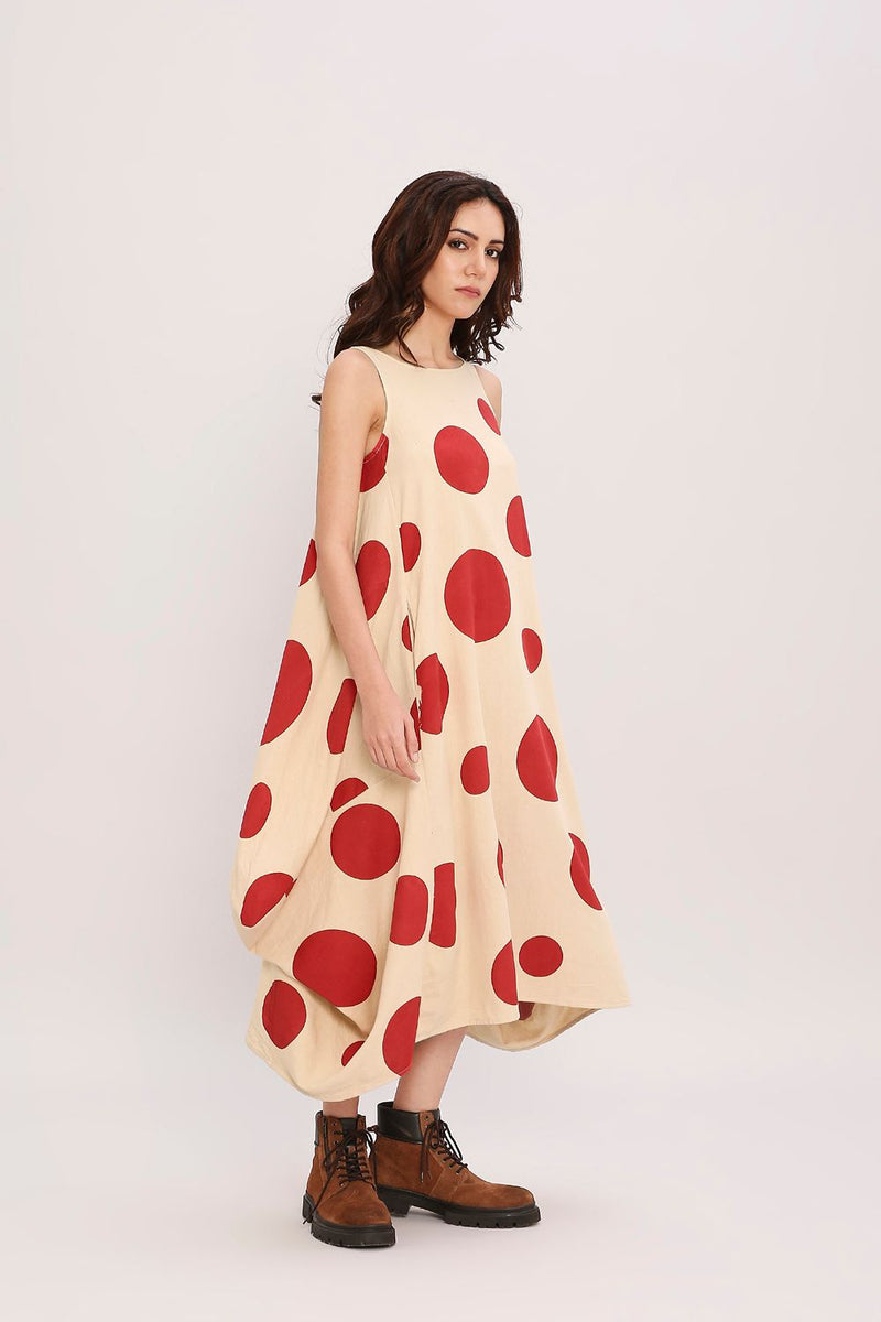 Red Hand Block Printed Polka Vari Dress cotton by Mati in red color for women Worldwide