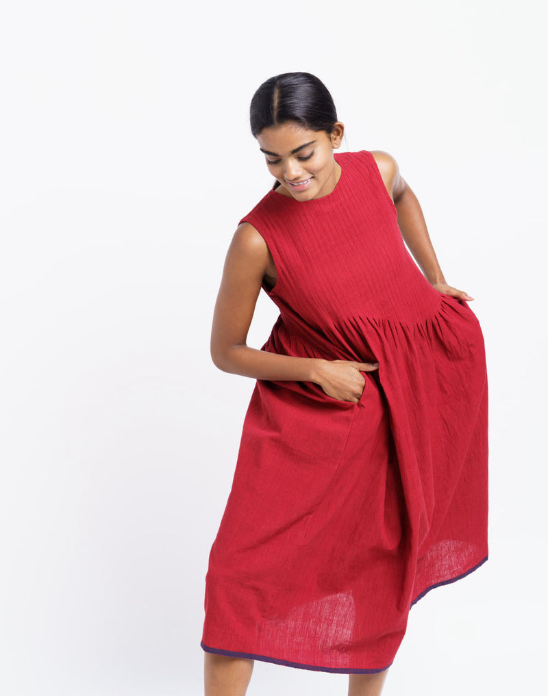 Red pleated midi dress - Red Dress by World of Crow in red color for women Worldwide