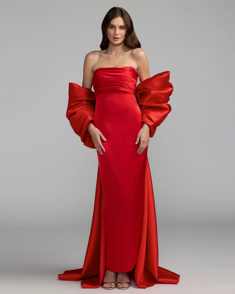 21192-Red Satin Column Gown With Oversized Bow polyester evening-gowns by Mac Duggal in red for women Worldwide