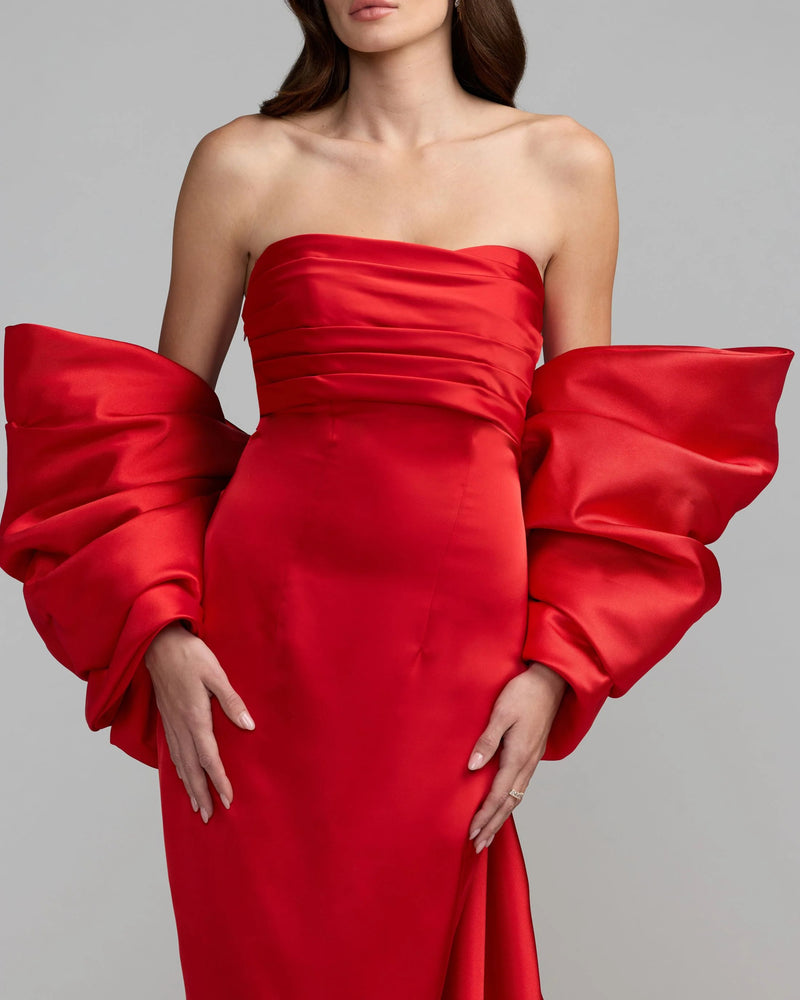 21192-Red Satin Column Gown With Oversized Bow polyester evening-gowns by Mac Duggal in red for women Worldwide