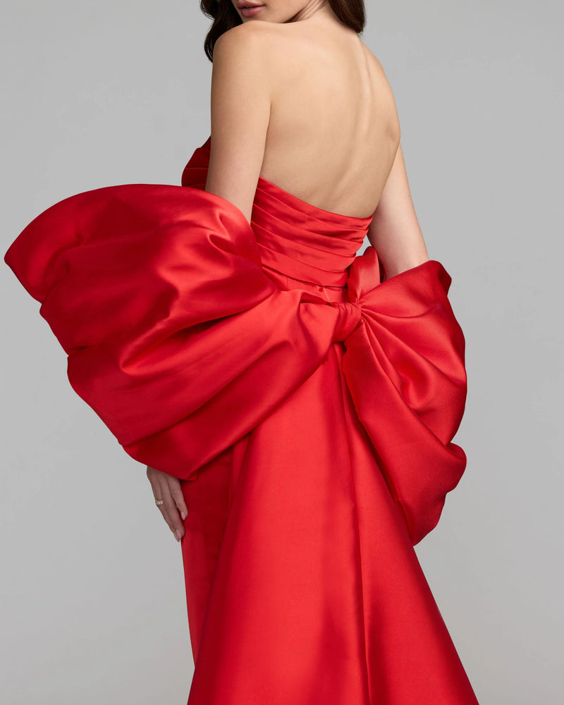 21192-Red Satin Column Gown With Oversized Bow polyester evening-gowns by Mac Duggal in red for women Worldwide