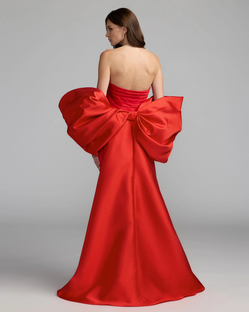 21192-Red Satin Column Gown With Oversized Bow polyester evening-gowns by Mac Duggal in red for women Worldwide
