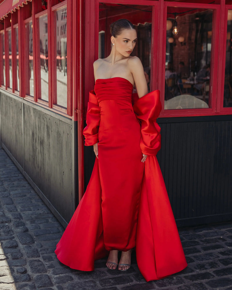 21192-Red Satin Column Gown With Oversized Bow polyester evening-gowns by Mac Duggal in red for women Worldwide