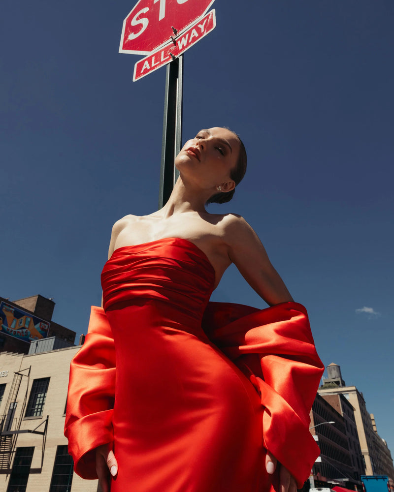 21192-Red Satin Column Gown With Oversized Bow polyester evening-gowns by Mac Duggal in red for women Worldwide