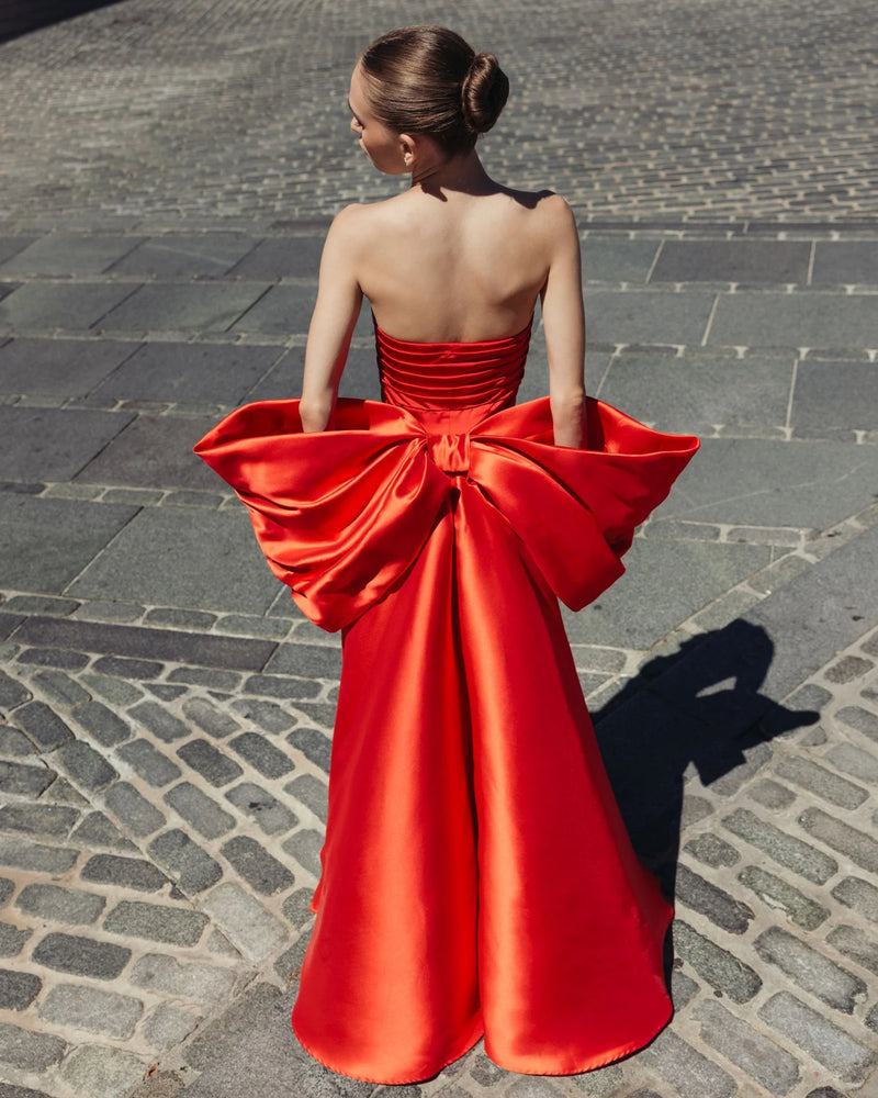 21192-Red Satin Column Gown With Oversized Bow polyester evening-gowns by Mac Duggal in red for women Worldwide