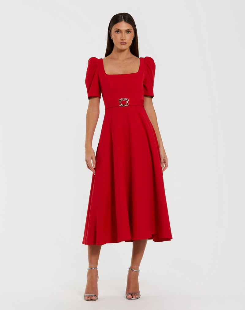 27714-Red Square Neck Short Sleeve Midi Dress With Belt polyester evening-gowns by Mac Duggal in red for women Worldwide
