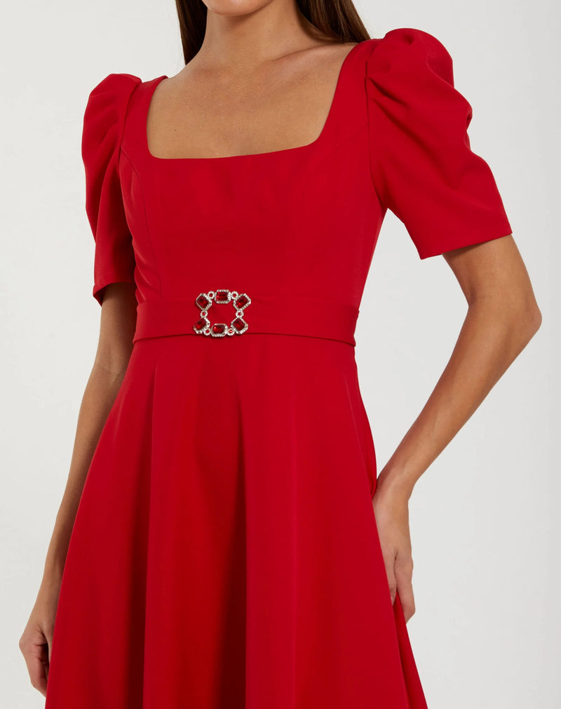 27714-Red Square Neck Short Sleeve Midi Dress With Belt polyester evening-gowns by Mac Duggal in red for women Worldwide