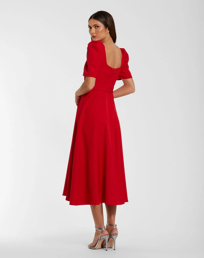 27714-Red Square Neck Short Sleeve Midi Dress With Belt polyester evening-gowns by Mac Duggal in red for women Worldwide