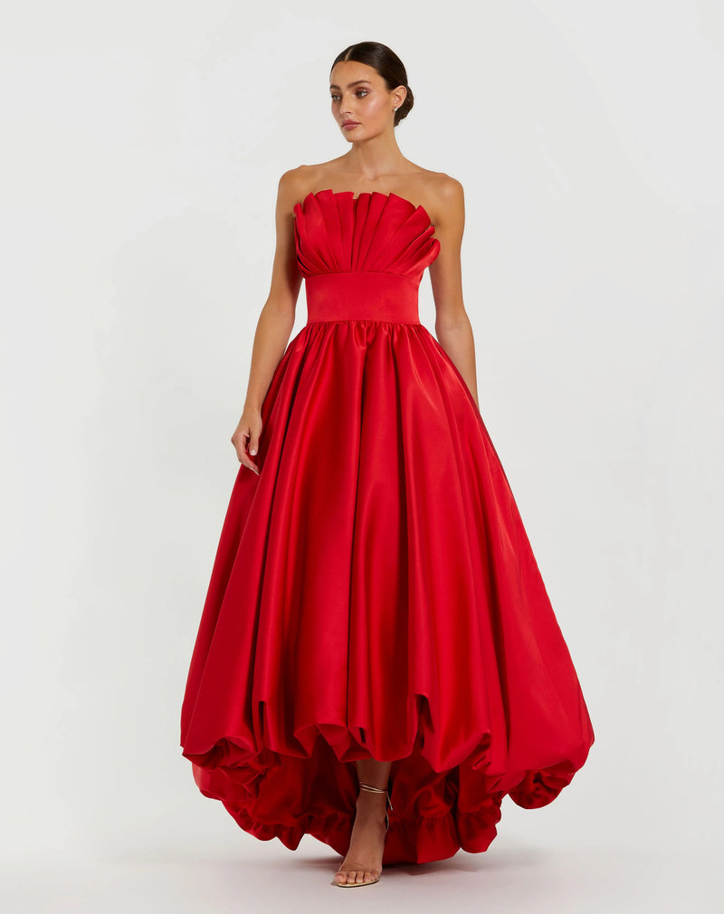 21037-Red Strapless Bubble Hem High Low Ball Gown polyester cocktail-and-party-dresses by Mac Duggal in red for women Worldwide