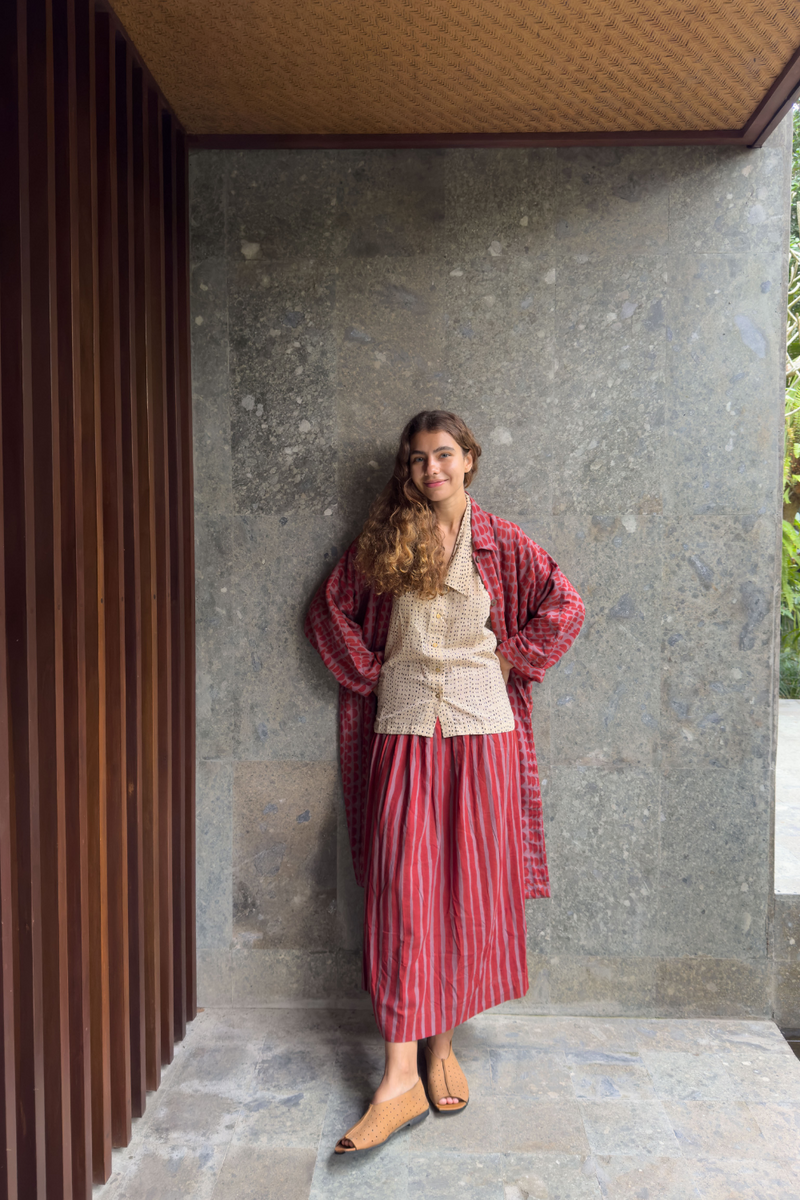 Red Striped Pull-on Skirt cotton by World of Crow in red color for women Worldwide