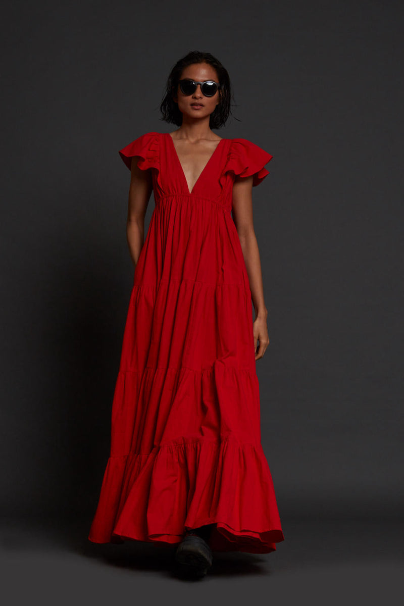 Red Tiered Gown Dress by Mati for women Worldwide