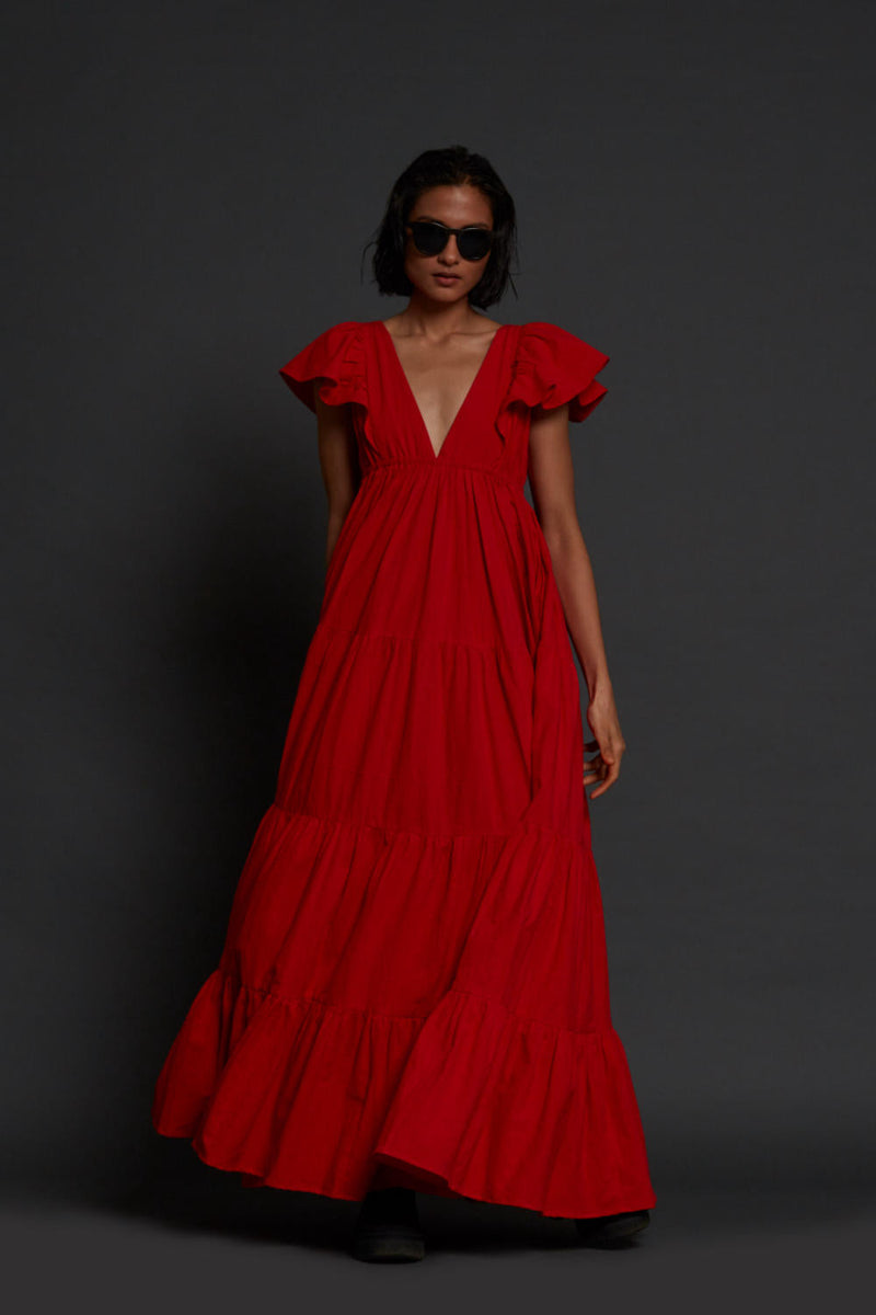 Red Tiered Gown Dress by Mati for women Worldwide
