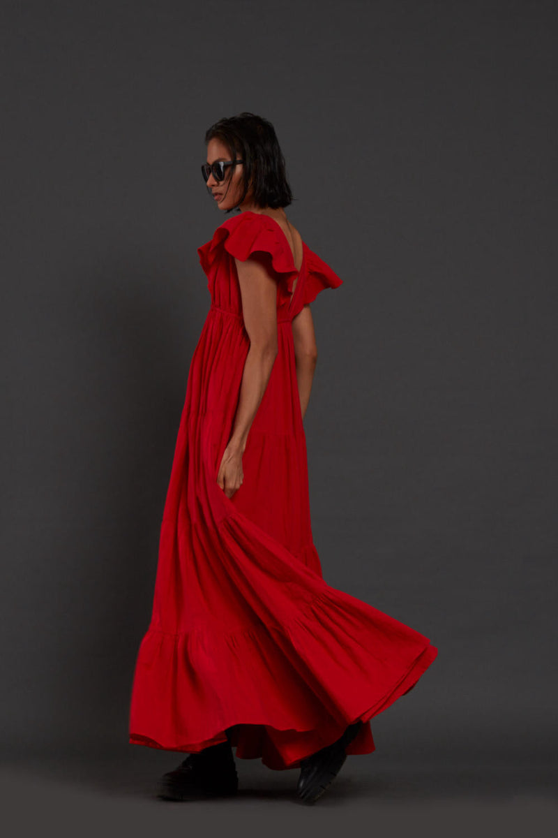 Red Tiered Gown Dress by Mati for women Worldwide