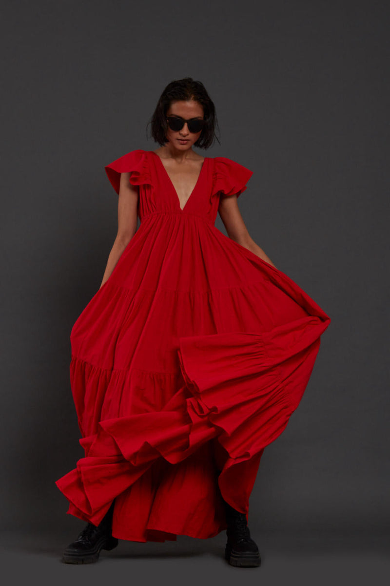 Red Tiered Gown Dress by Mati for women Worldwide