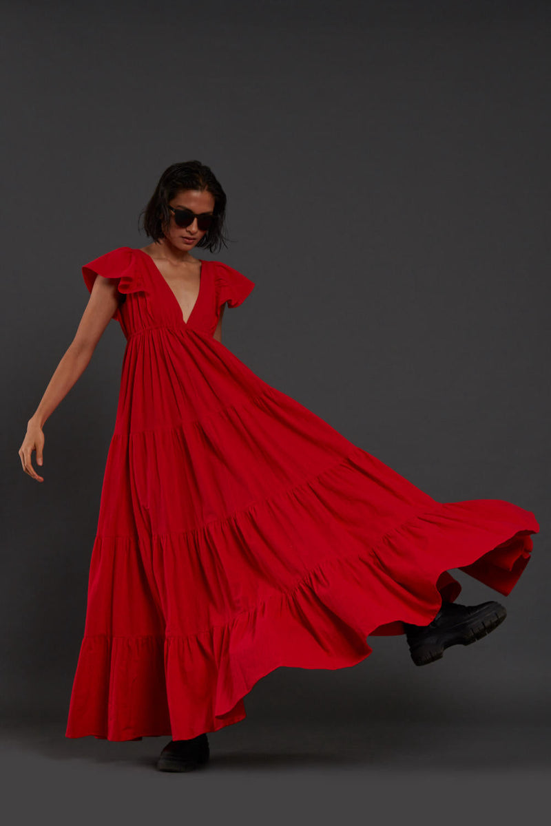 Red Tiered Gown Dress by Mati for women Worldwide