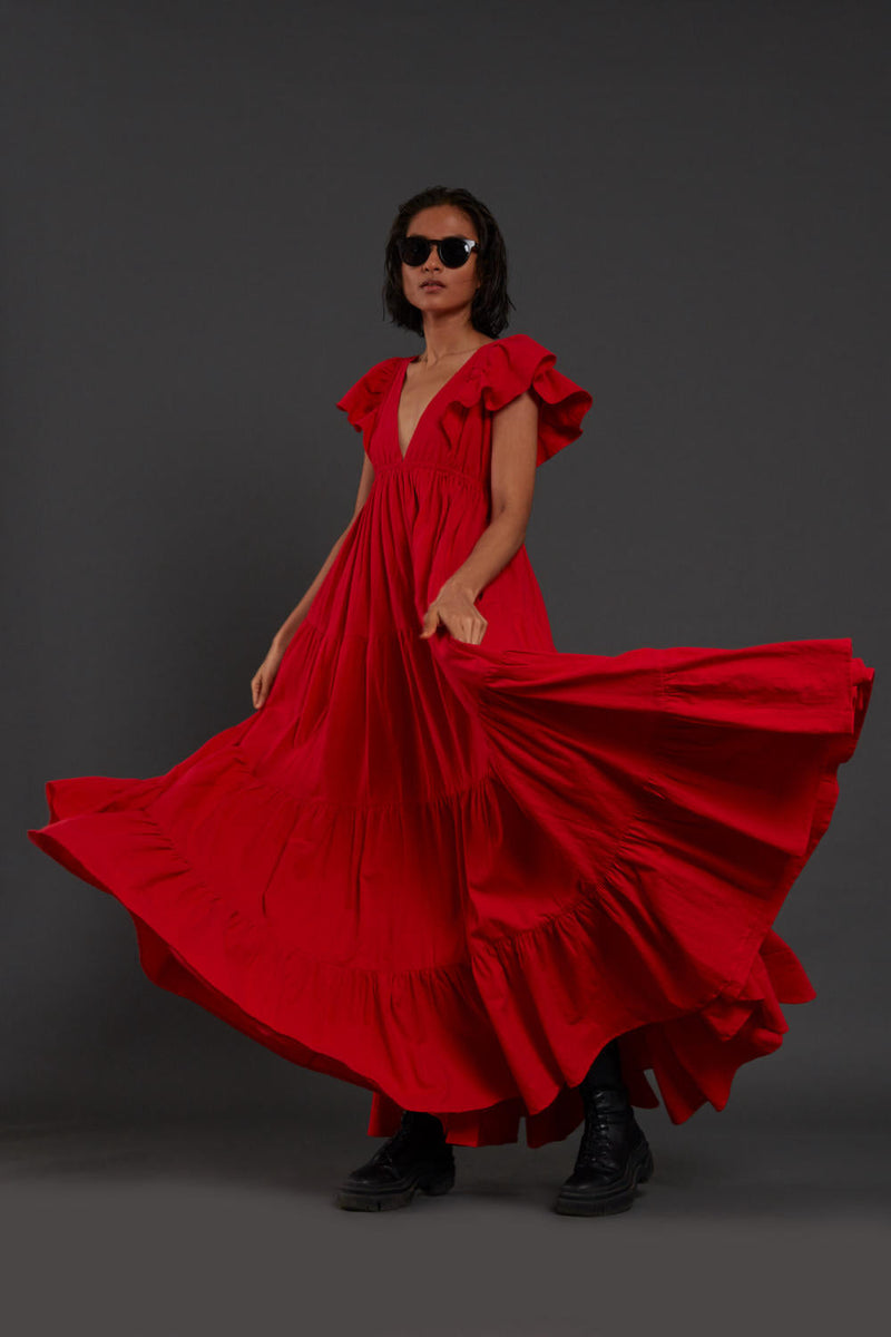 Red Tiered Gown Dress by Mati for women Worldwide