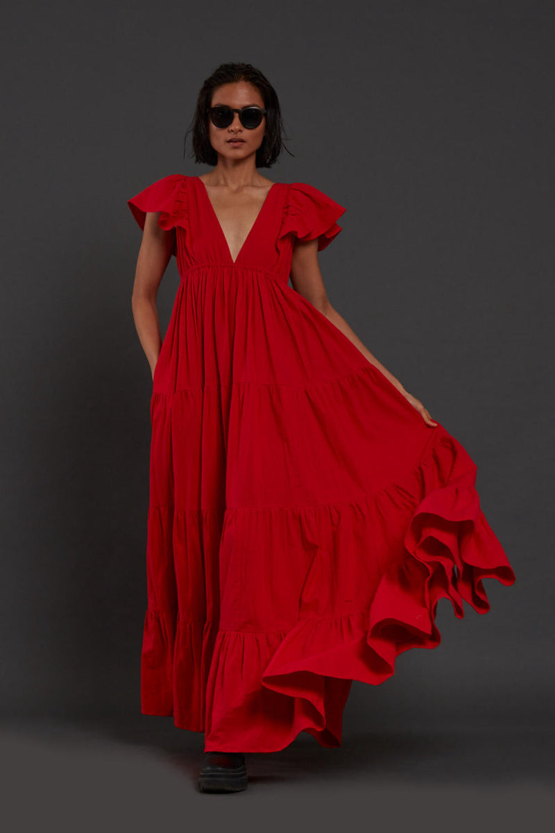 Red Tiered Gown Dress by Mati for women Worldwide