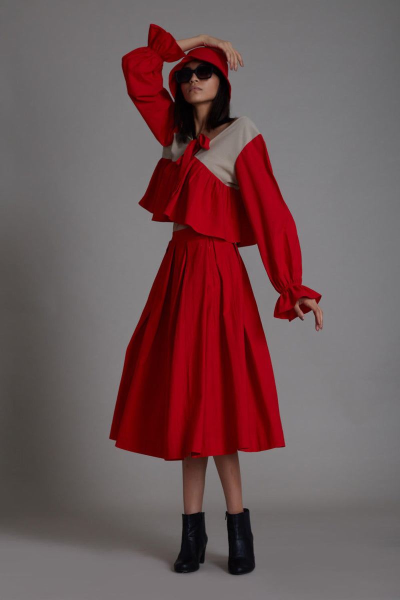 Red & Beige Bow Set Co-ord Set,Skirts,Top & Tunics by Mati for women Worldwide