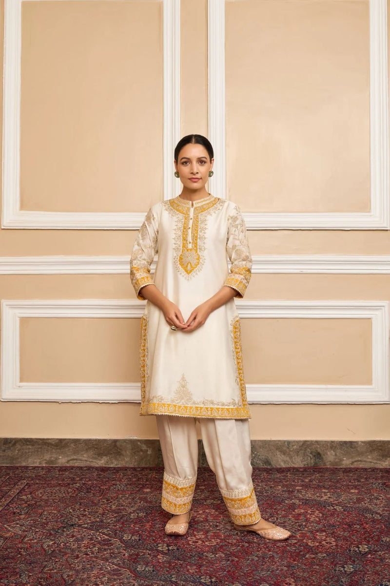 Resham Straight kurta with salwar and dupatta-Daisy Ivory silk by SHEETAL BATRA in ivory color for women Worldwide