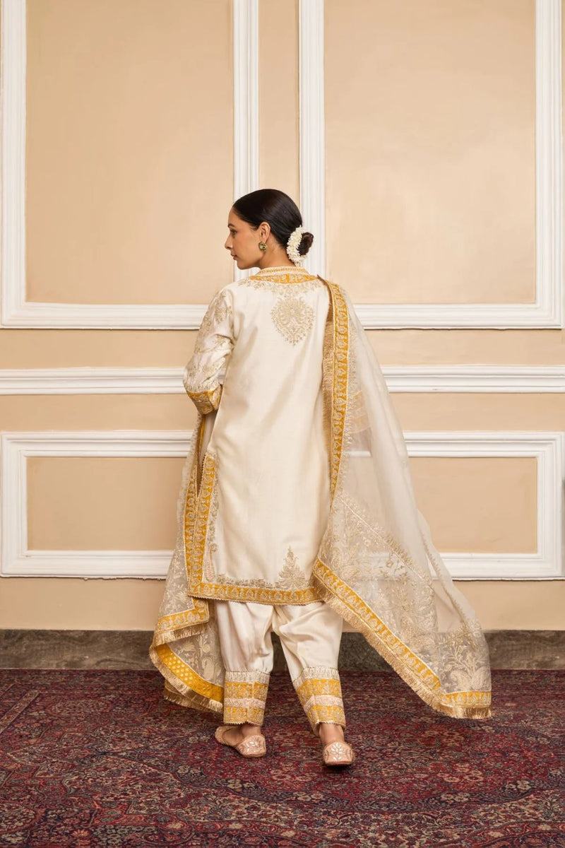 Resham Straight kurta with salwar and dupatta-Daisy Ivory silk by SHEETAL BATRA in ivory color for women Worldwide