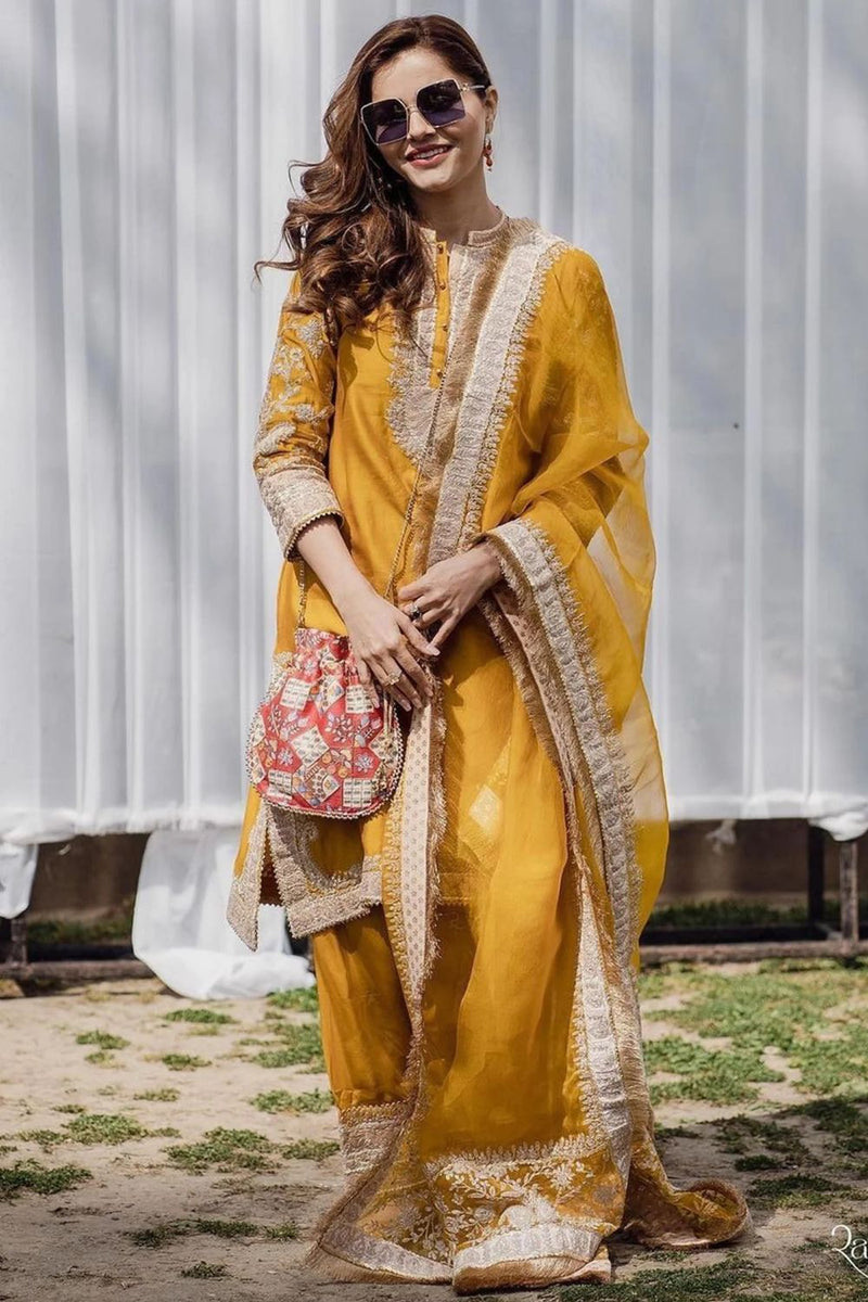 Resham Straight kurta with salwar and dupatta-Glaze mustard silk by SHEETAL BATRA in mustard color for women Worldwide