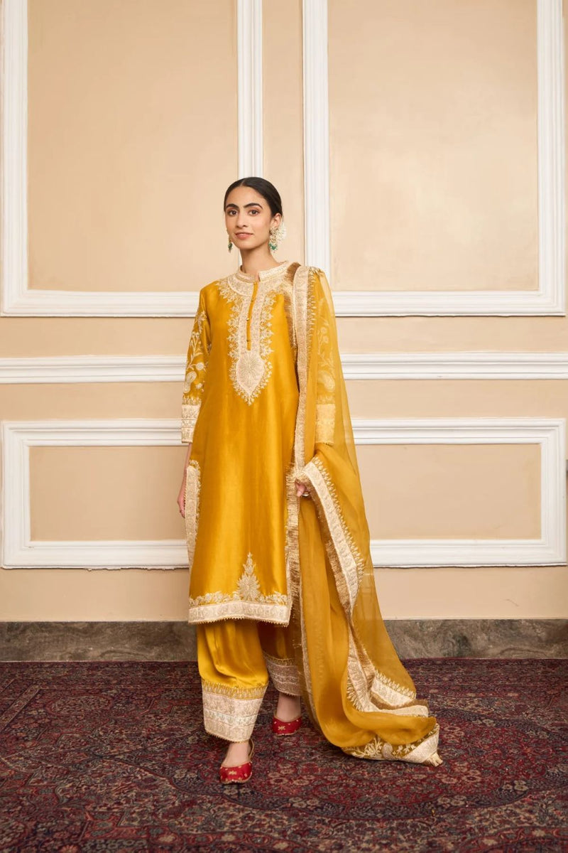Resham Straight kurta with salwar and dupatta-Glaze mustard silk by SHEETAL BATRA in mustard color for women Worldwide