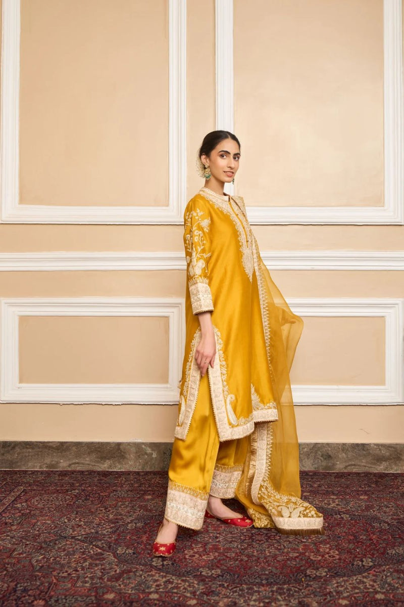Resham Straight kurta with salwar and dupatta-Glaze mustard silk by SHEETAL BATRA in mustard color for women Worldwide
