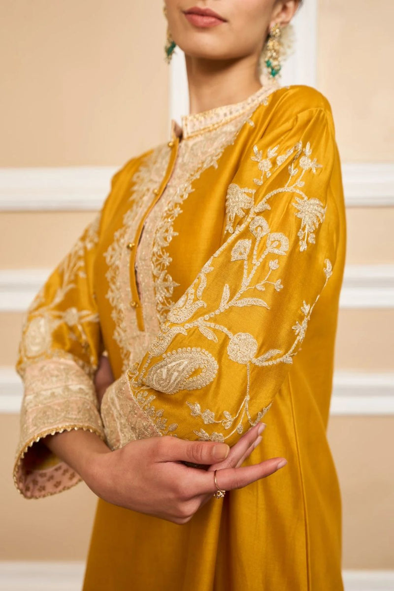 Resham Straight kurta with salwar and dupatta-Glaze mustard silk by SHEETAL BATRA in mustard color for women Worldwide