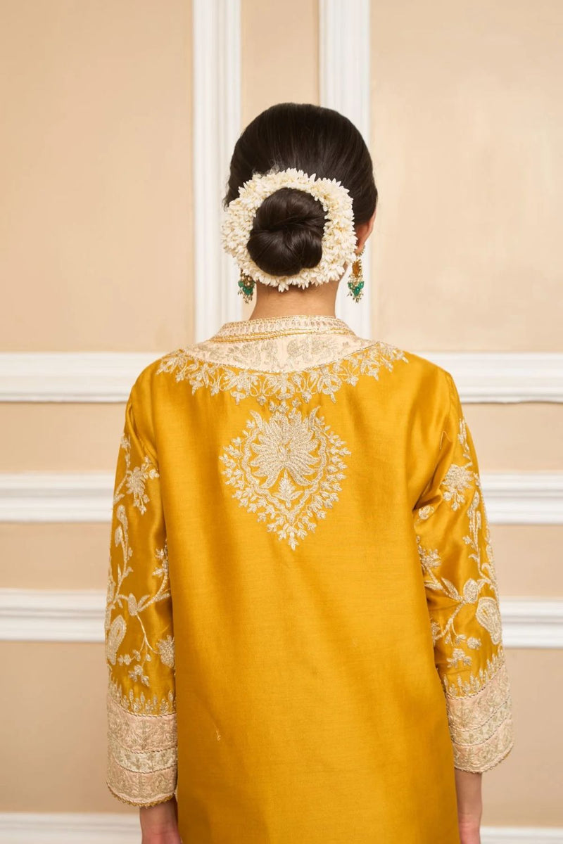 Resham Straight kurta with salwar and dupatta-Glaze mustard silk by SHEETAL BATRA in mustard color for women Worldwide