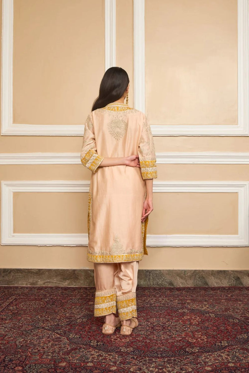 Resham Straight kurta with salwar and dupatta-Rosepink silk by SHEETAL BATRA in pink color for women Worldwide