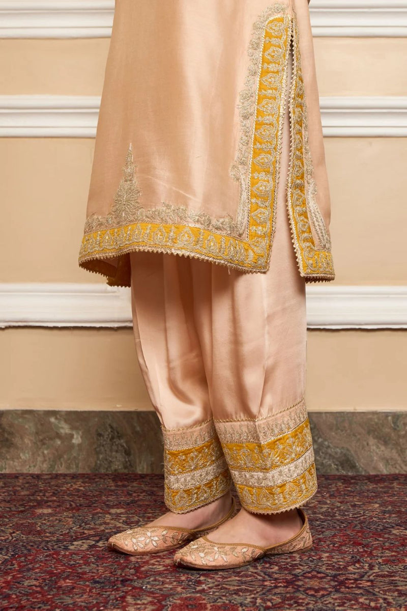 Resham Straight kurta with salwar and dupatta-Rosepink silk by SHEETAL BATRA in pink color for women Worldwide