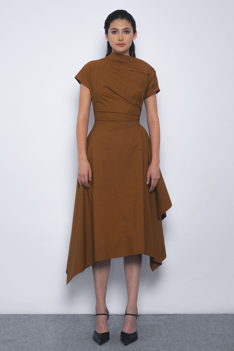 Rigzar Draped Dress - Tobacco cotton by Leh Studios for women Worldwide