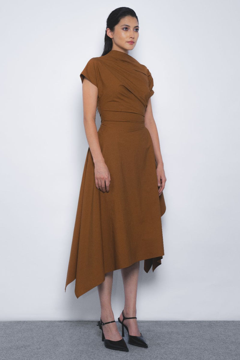Rigzar Draped Dress - Tobacco cotton by Leh Studios for women Worldwide