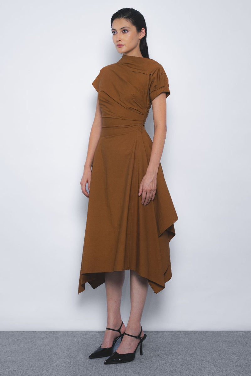 Rigzar Draped Dress - Tobacco cotton by Leh Studios for women Worldwide