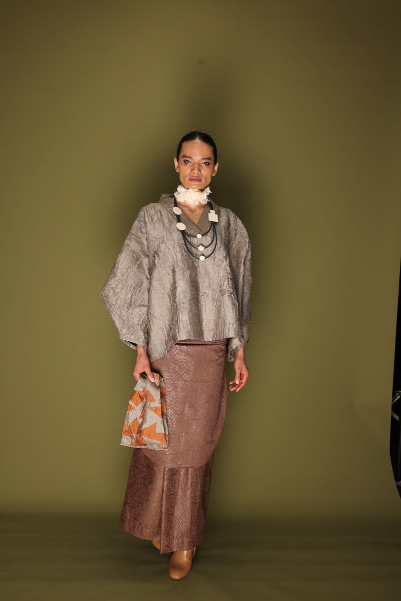 Ripple Top-Grey mysore silk tops and shirts by Stoique in grey for women Worldwide