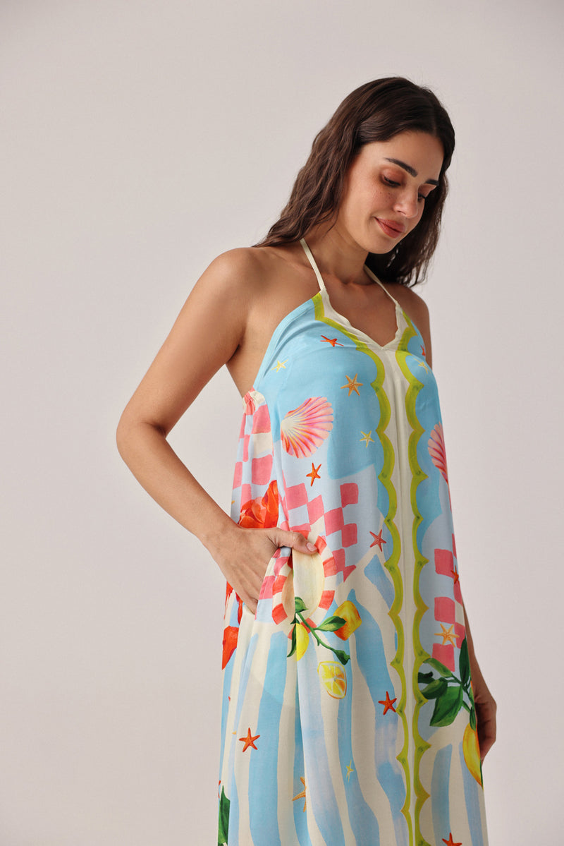 Riva Coverup-Summer Zest modal satin resort wear by NOIB in blue for women Worldwide