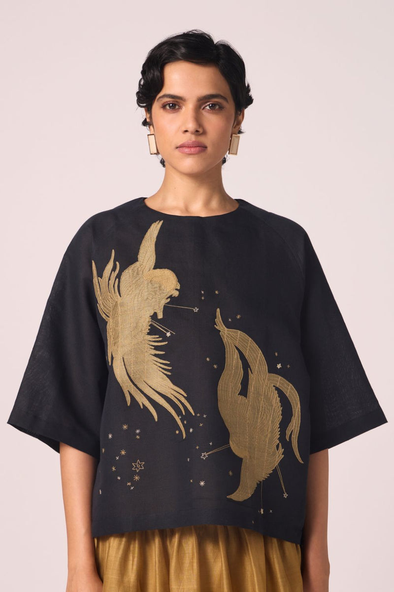 Roma Embroidered Top cotton by The Summer House in black color for women Worldwide