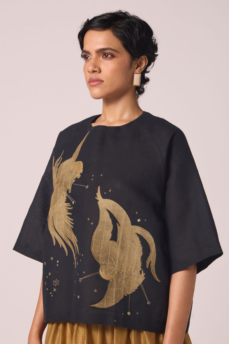 Roma Embroidered Top cotton by The Summer House in black color for women Worldwide