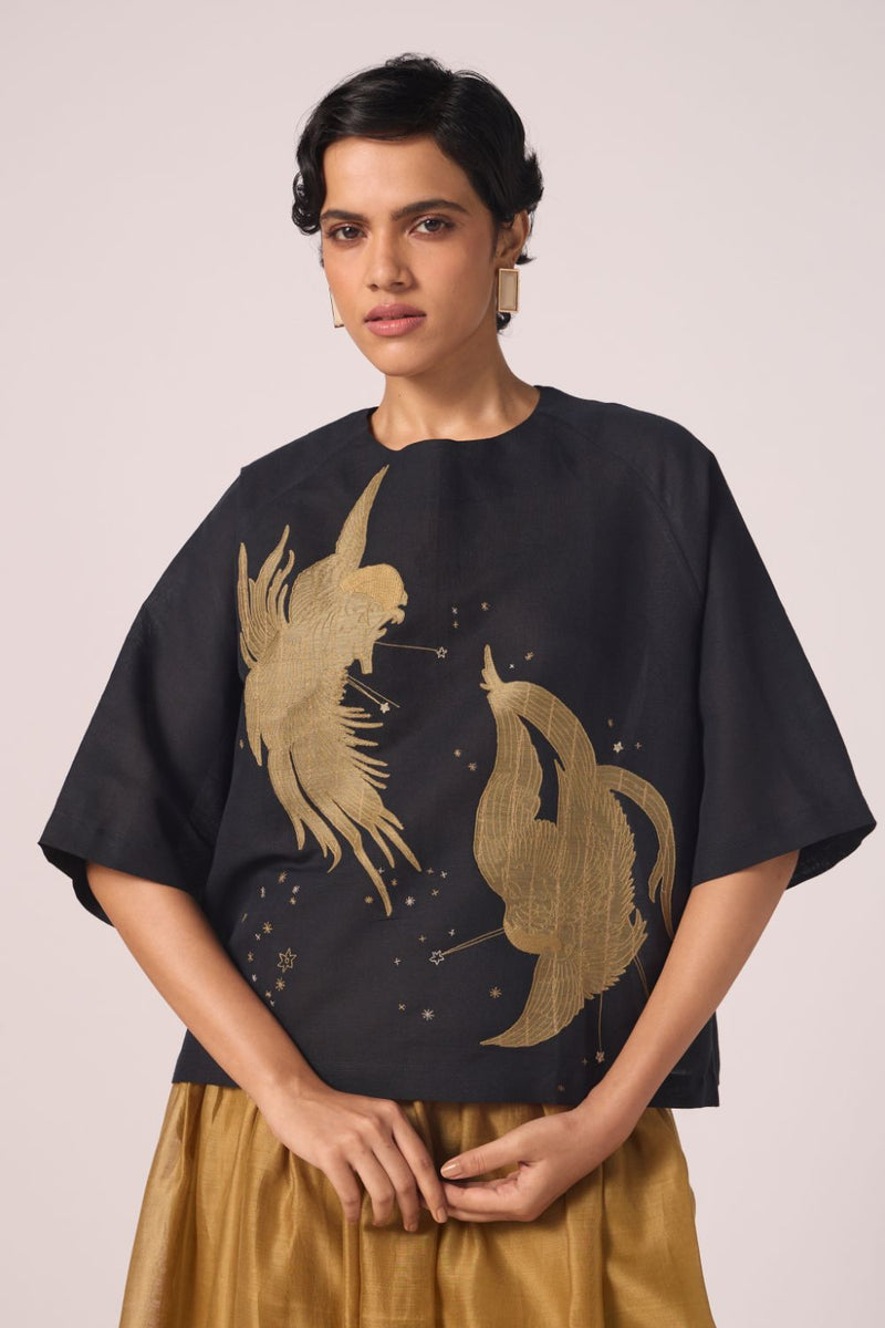 Roma Embroidered Top cotton by The Summer House in black color for women Worldwide
