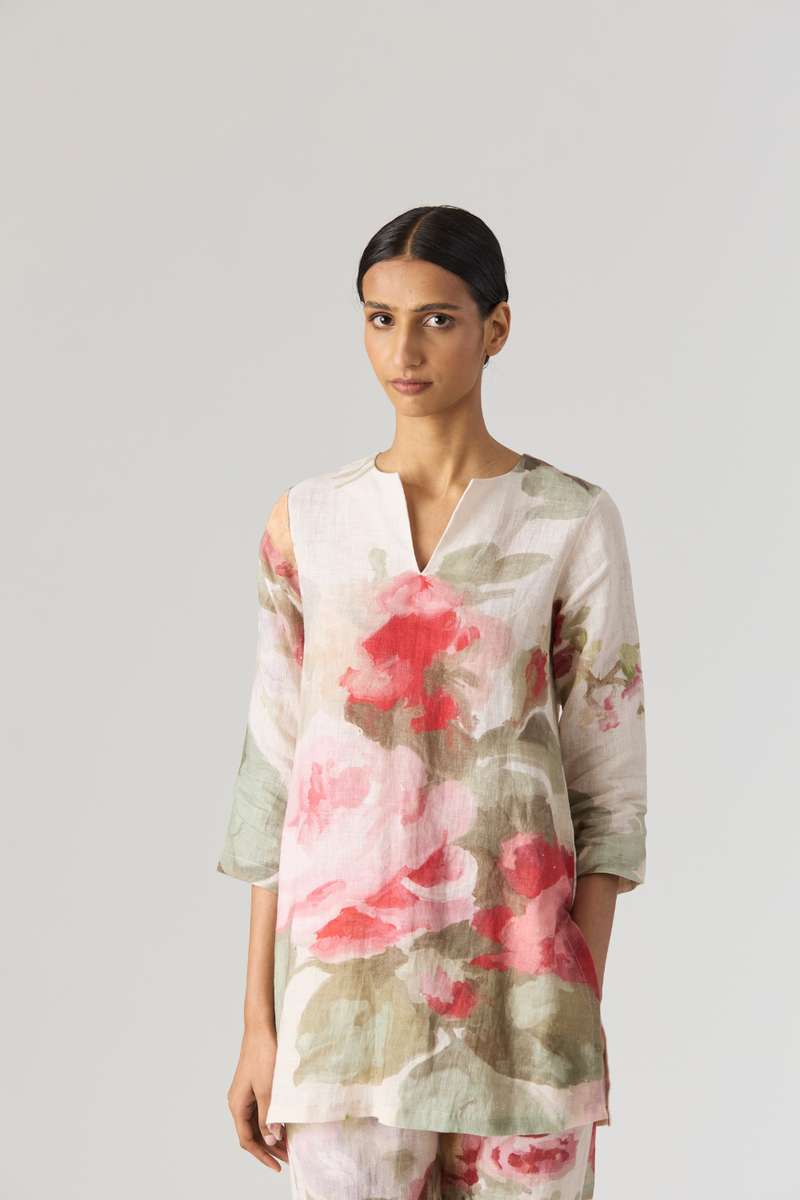 ROMA ROSE SHORT LINEN KURTA SET by Yam in beige color for women Worldwide