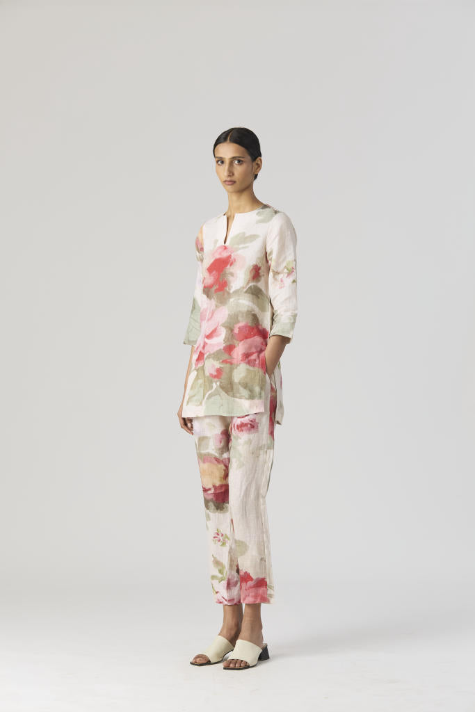 ROMA ROSE SHORT LINEN KURTA SET by Yam in beige color for women Worldwide