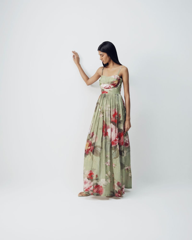 Roos Long Dress silk by YAM in green color for women Worldwide